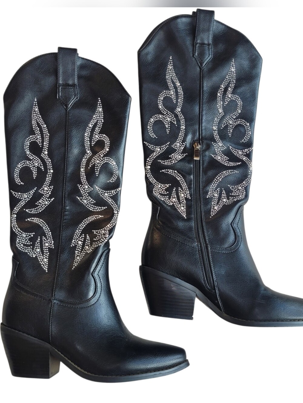 Black Studded Western Cowboy Boots Faux Leather Side Zip Boots Size 7